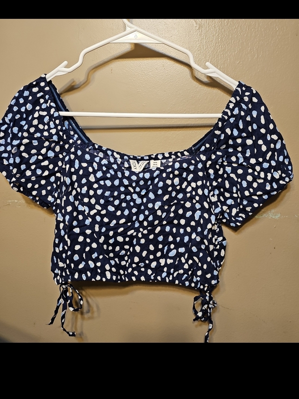 Roxy Navy Blue Polka Dot Puff Sleeve Crop Top